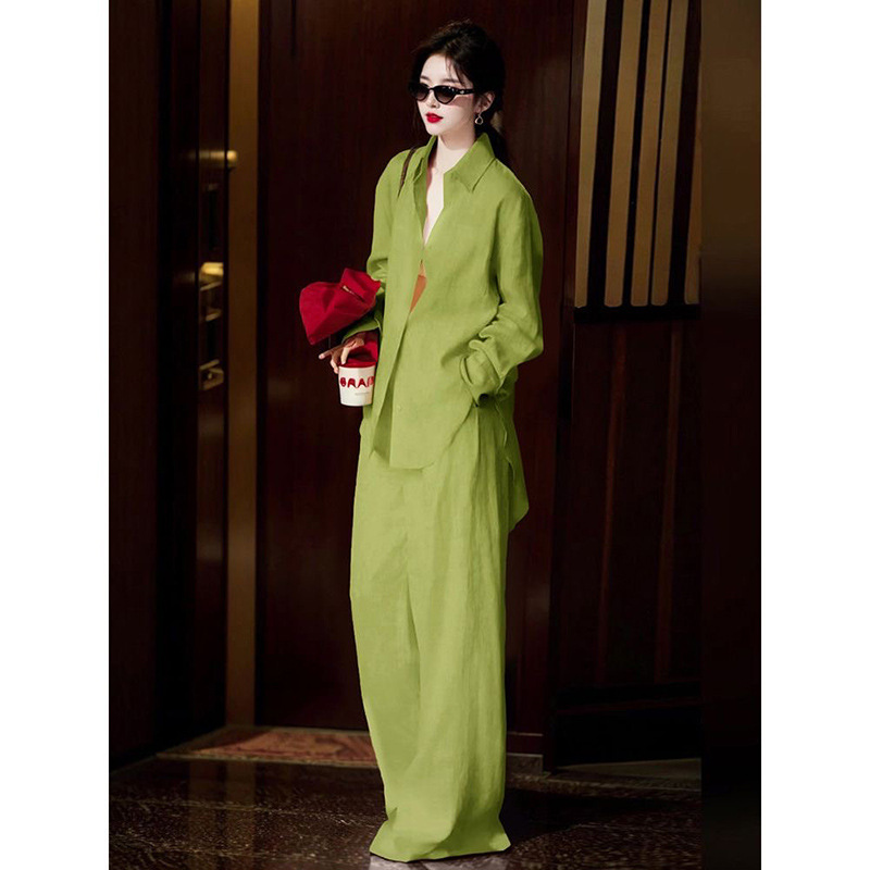 Lazy and Relaxed Style Suit for Women, 2026 Summer New High-End Green Fashion Shirt and Wide-Leg Pants Two-Piece Set