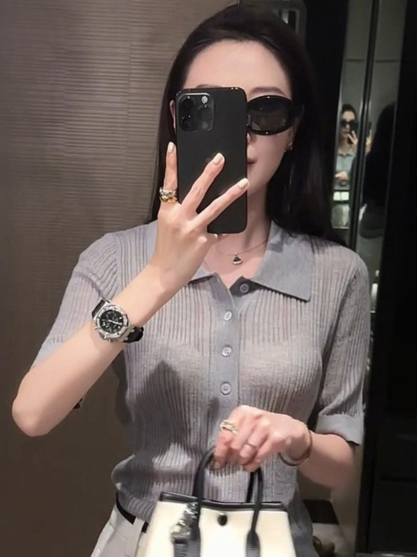 韓国シックな高級グレーポロカラー半袖Tシャツレディース夏通勤年齢軽減ライトトップ|undefined