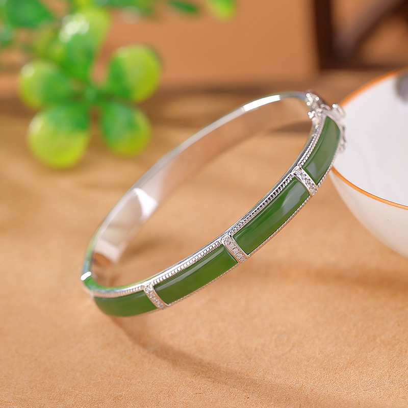 Vòng tay bạc S925 đính ngọc bích Hetian phong cách cổ điển thanh lịch — Có thể mở bên (thích hợp cho miệng vòng 54-58)