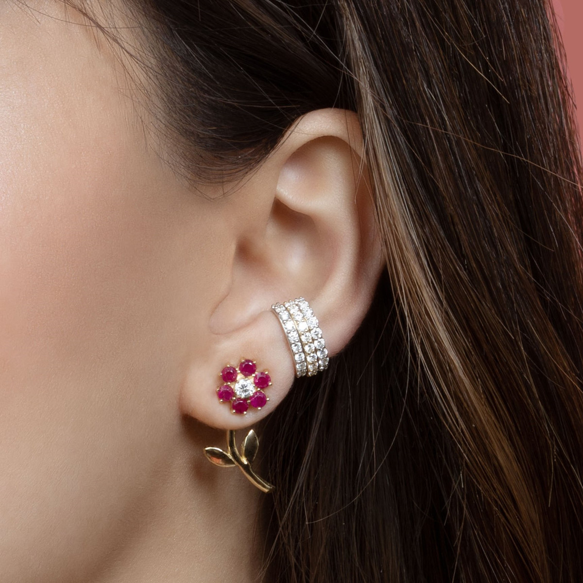 French Style Flower Brass Ear Studs Flowers Gem Copper Earrings