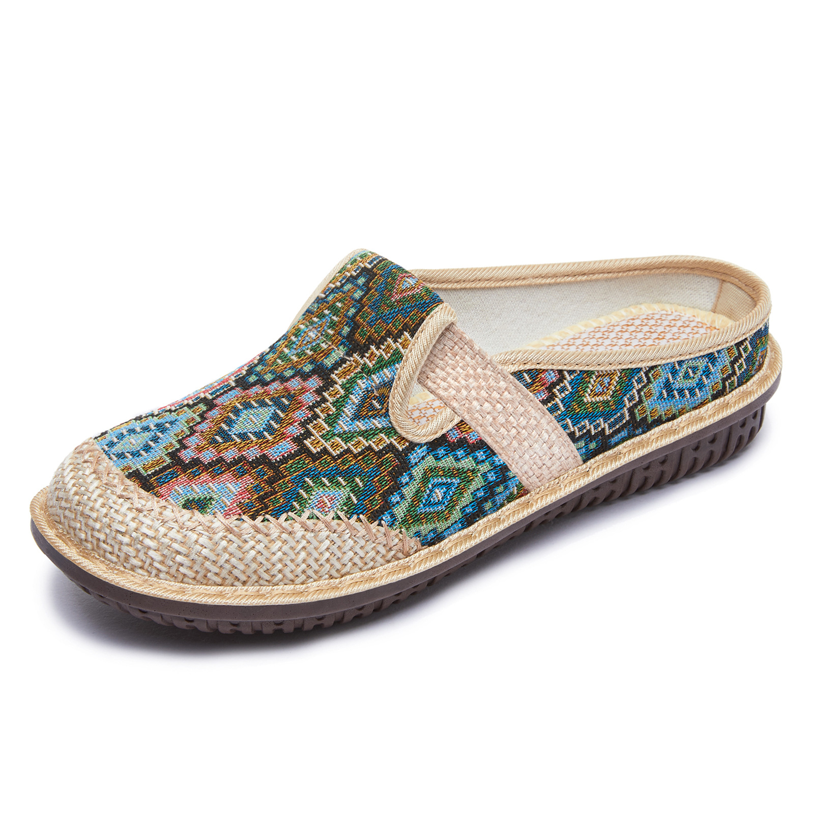 Zapatos de tela viejos de Beijing para mujer nuevo pequeño procesamiento único personalizado estilo étnico semi-pantuflas de algodón, lino y lino zapatillas de Baotou para mujer