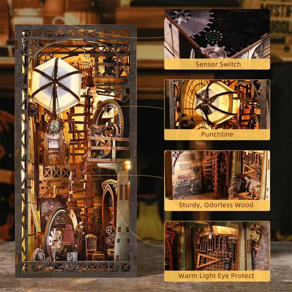 Modelo de nave espacial con globo, libro, casa de bricolaje, decoración mágica retro, bloques de construcción de madera ensamblados a mano, regalo de juguete