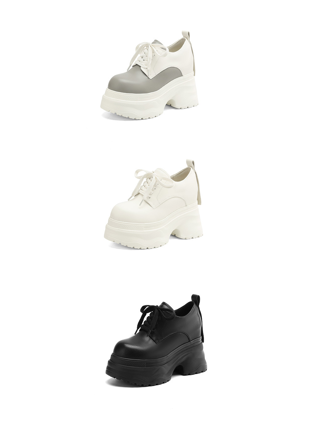 Giày sneaker nữ chunky đế dày phối màu mùa thu 2025, da bò thật, tăng chiều cao 12cm, buộc dây — Màu đen, Màu xám trắng, Màu trắng chi tiết 23