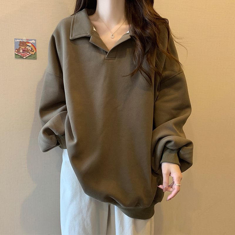 大码女士美式宽松长袖翻领卫衣女秋冬胖mm300斤oversize显瘦上衣|undefined