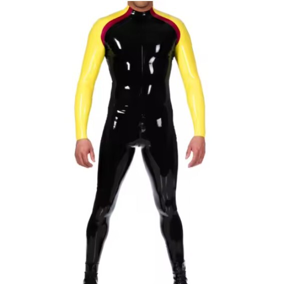 Latex Clothing Latex Bodysuit Color Matching Back Open Crotch Zipper Latex Men's Jumpsuit Latex Clothing