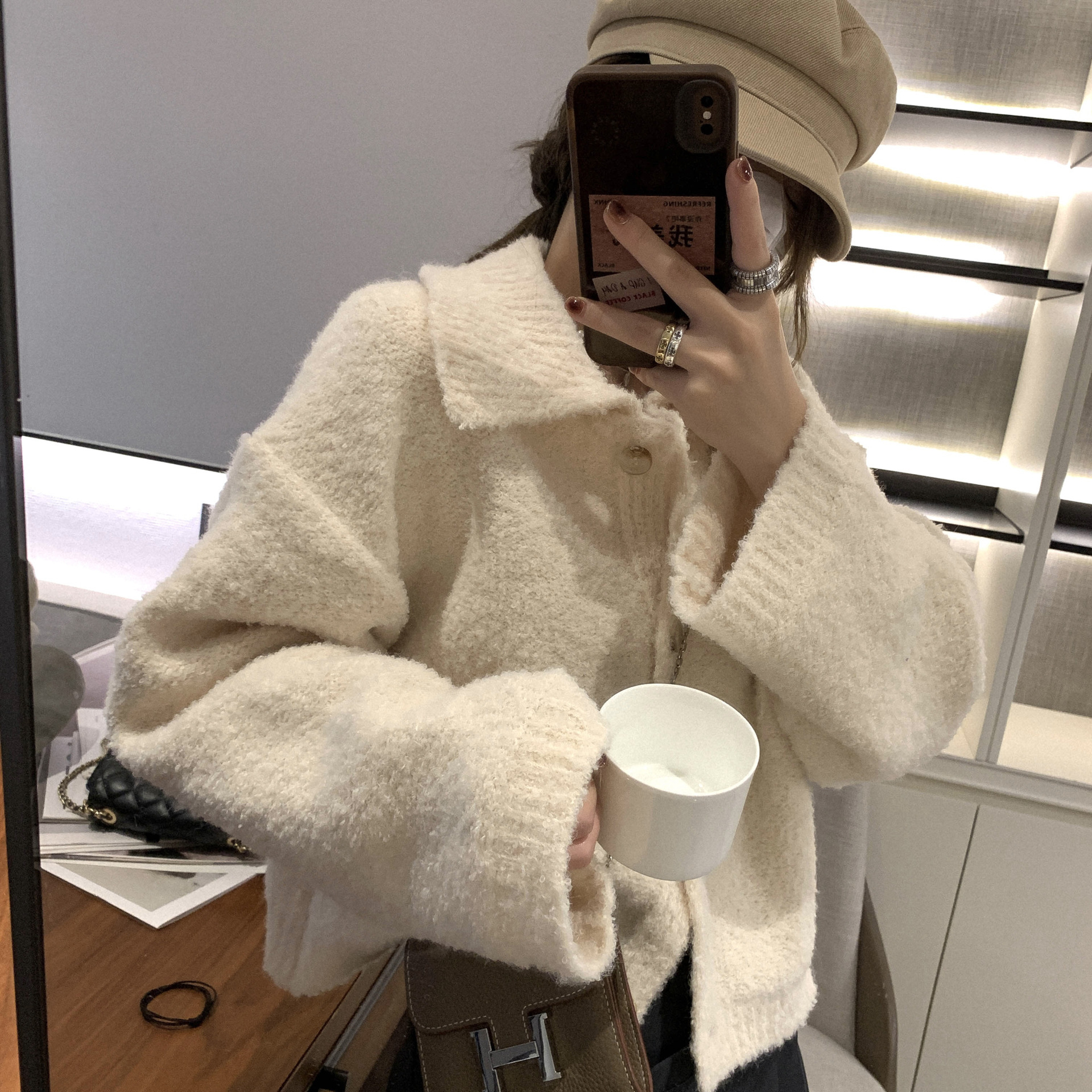 韩系圈圈毛茸茸POLO领毛衣女秋冬软糯温柔风慵懒宽松打底针织开衫