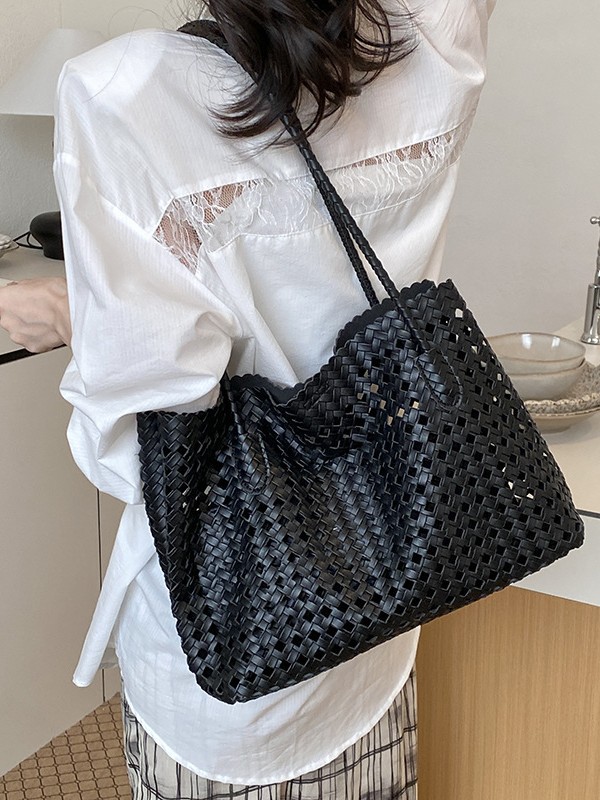 Bolsa de tejido de gran capacidad para mujeres 2026 verano nuevo nicho de moda bolsa de cesta de verduras huecadas bolsa de viaje ocio tote image 1