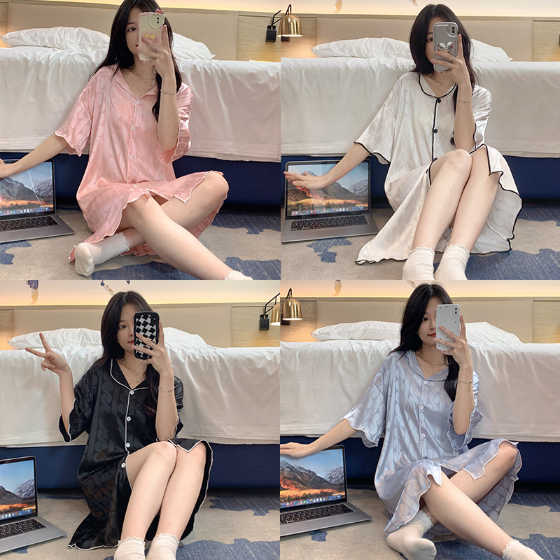 2023 camisón de seda de hielo Jacquard de verano de las mujeres de manga corta delgada cardigan casual simple solapa de seda ropa para el hogar vestido