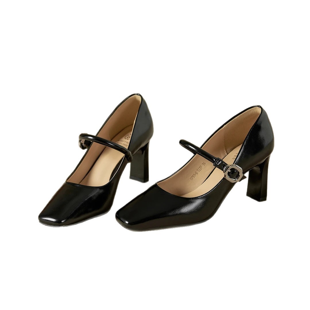 Hermoso viento de hebilla de tacones gruesos zapatos de mujer 2026 primavera nuevos zapatos de tacones altos de cabeza cuadrada francesa