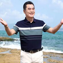 爸爸夏装短袖T恤中老年男士条纹polo衫翻领休闲宽松男式上衣 批发