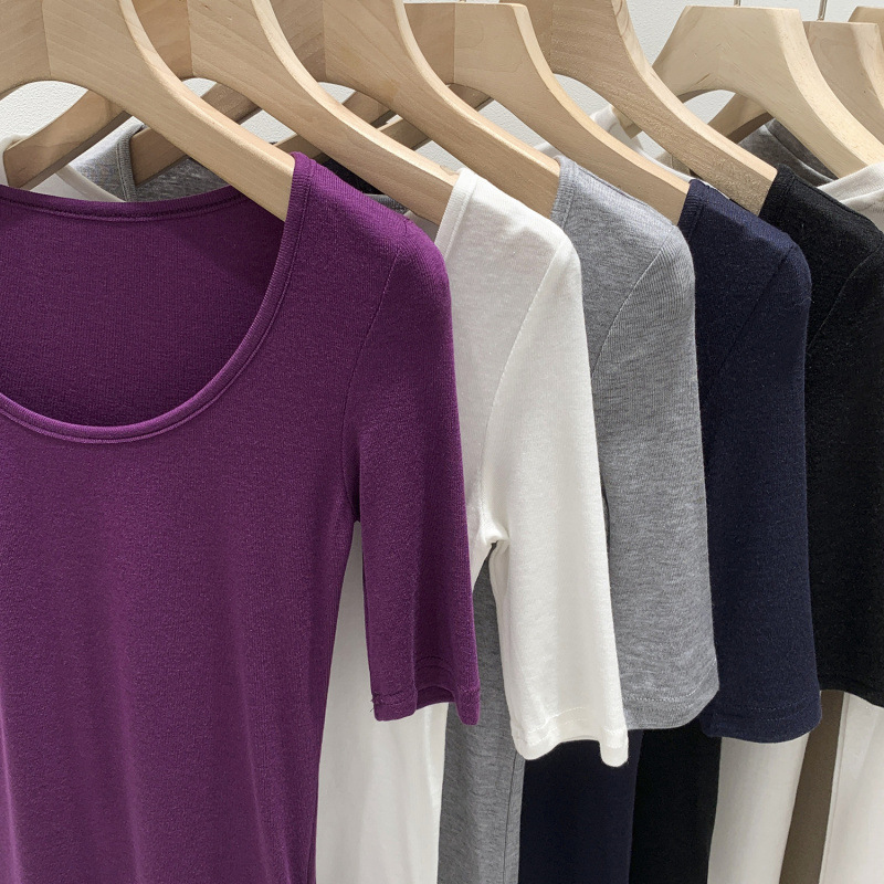 Brand In-Stock Lyocell Tencel Purple Wool Mid-Sleeve T-Shirt for Women 2026 Thin Slim-Fit Five-Quarter Sleeve Women's Top