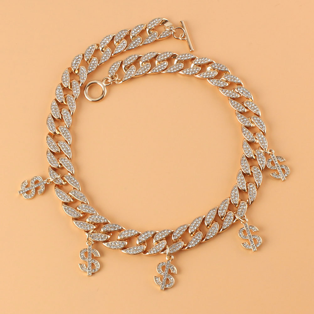 wholesale jewelry simple cuban chain small dollar gold pendant rhinestone necklace nihaojewelry