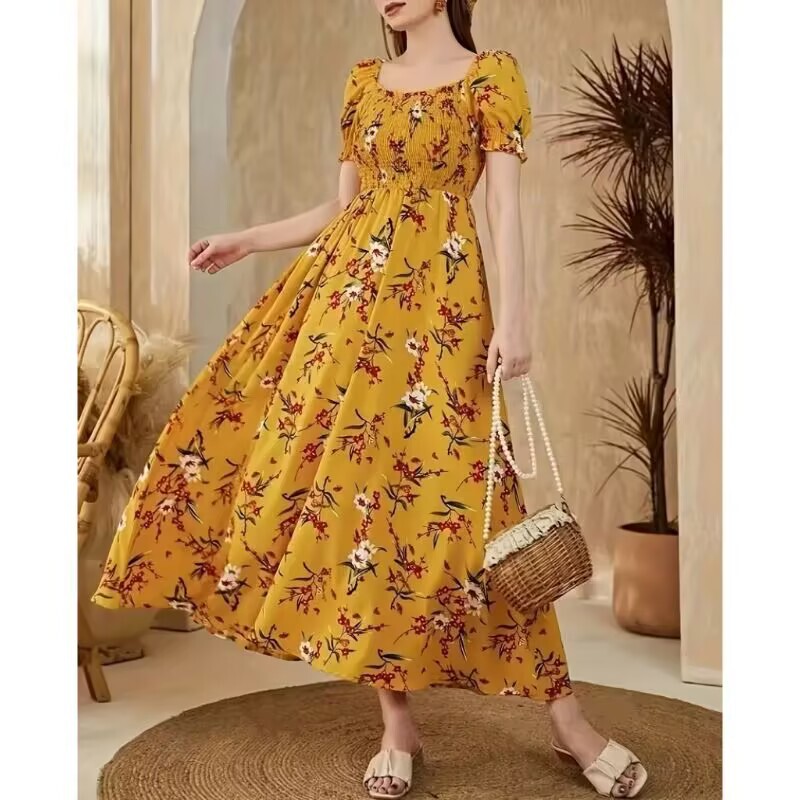 Europe and the United States cross-border e-commerce factory supply new women's elegant short sleeve flower printed square collar A- shaped dress