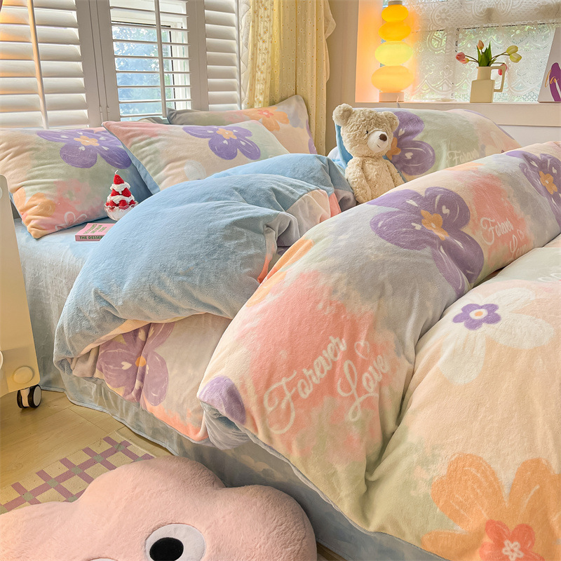 Nuevo traje de terciopelo de leche de cuatro piezas de terciopelo de coral grueso otoño e invierno sábana funda edredón sábana ropa de cama