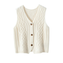 秋冬女100纯山羊绒扭花百搭单排系扣V领麻花马甲无袖针织外穿套衫