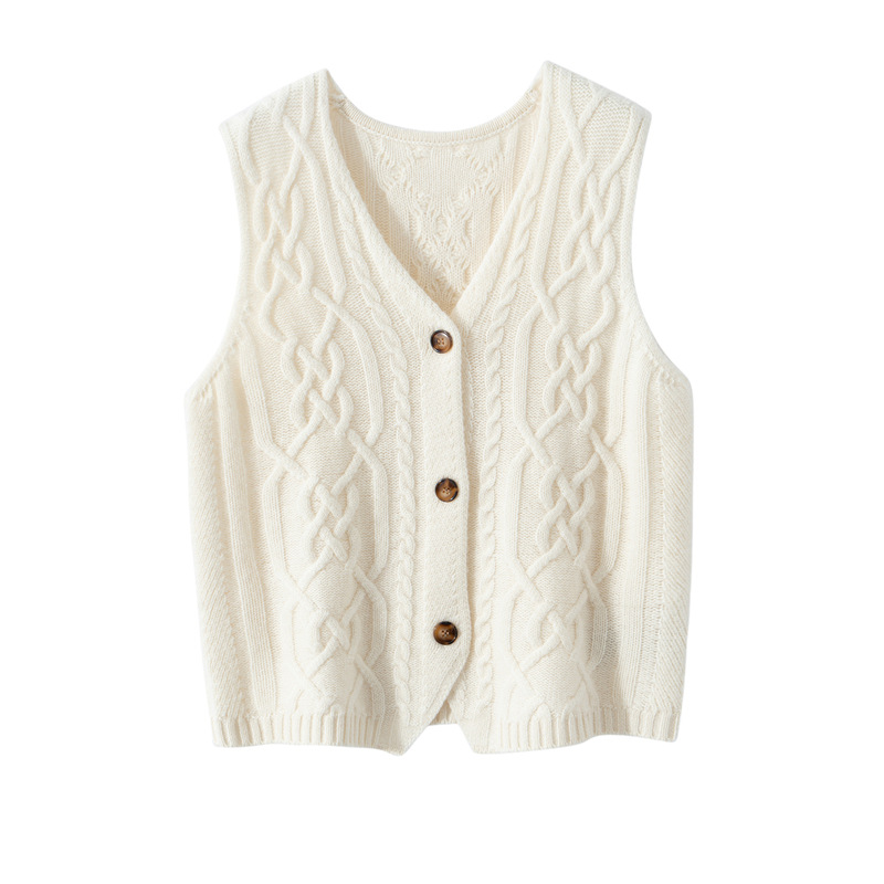 秋冬女100纯山羊绒扭花百搭单排系扣V领麻花马甲无袖针织外穿套衫