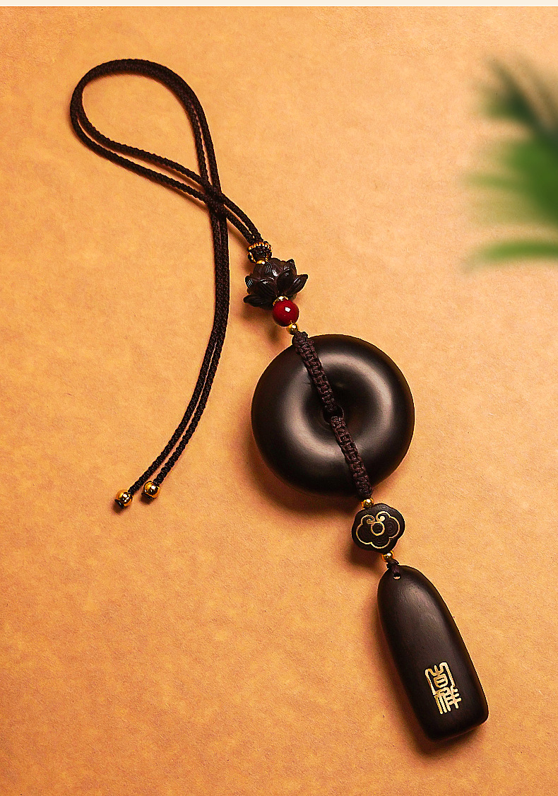 Car Pendant Made of Red Sandalwood, Featuring a Safety Charm and a Peace Sign, High-End Car Rearview Mirror Decoration for Men and Women, New Model for the Car Interior