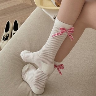 Spring and summer new ins Korean solid color thin tube socks heel bow breathable cute women's socks cotton socks ballet style