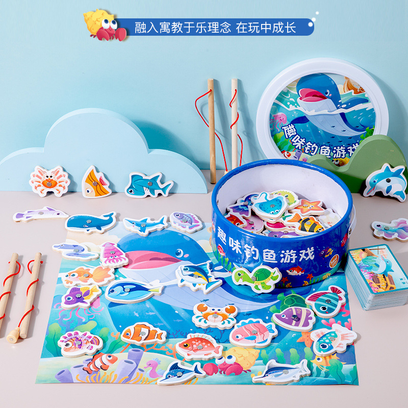Diversión de madera barril magnético pesca marina juego de cartas juego ejercicio coordinación mano-ojo juguetes educativos
