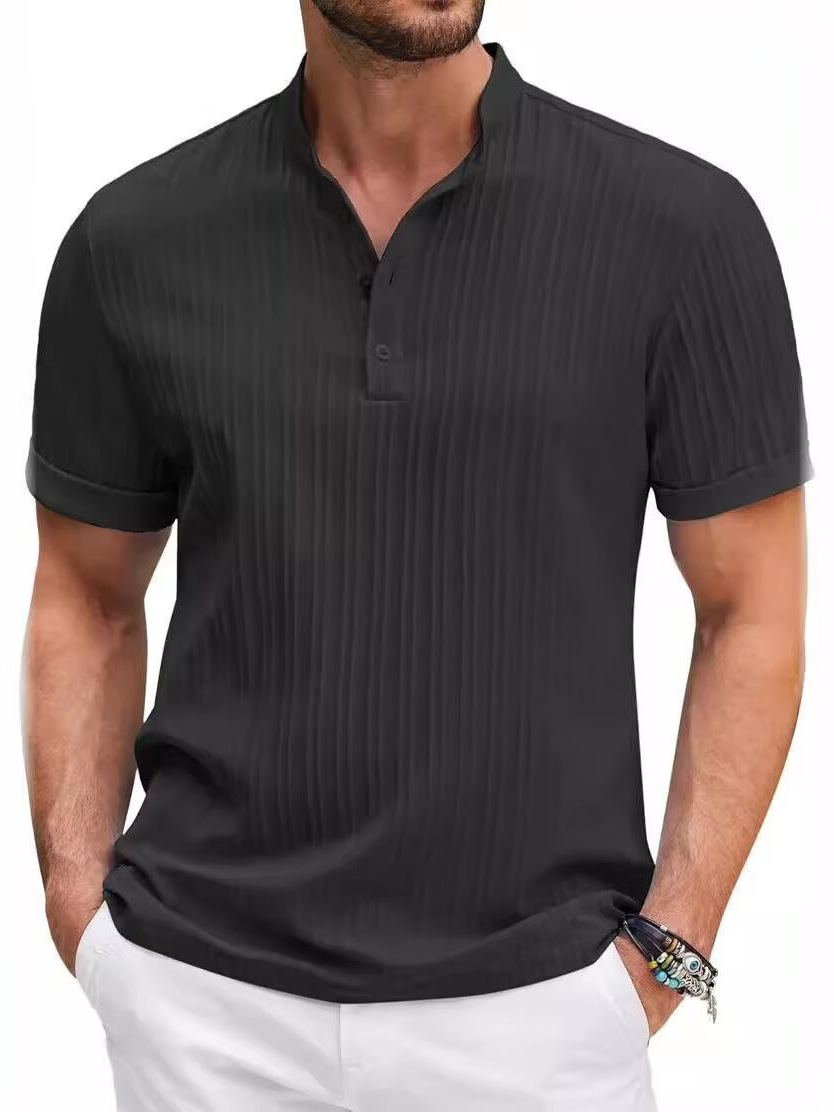 Short-Sleeved Polo Shirt Men's Cross-Border Amazon New Men's Retro Jacquard Henley Shirt Casual Loose Shirt