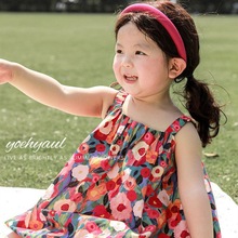 女童吊带裙2023夏季新款油彩斑斓满印花朵宝宝文艺可爱清凉连衣裙