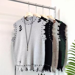 American vibe high street destroyed frayed vest sweater men's street fashion loose all-match sleeveless sweater