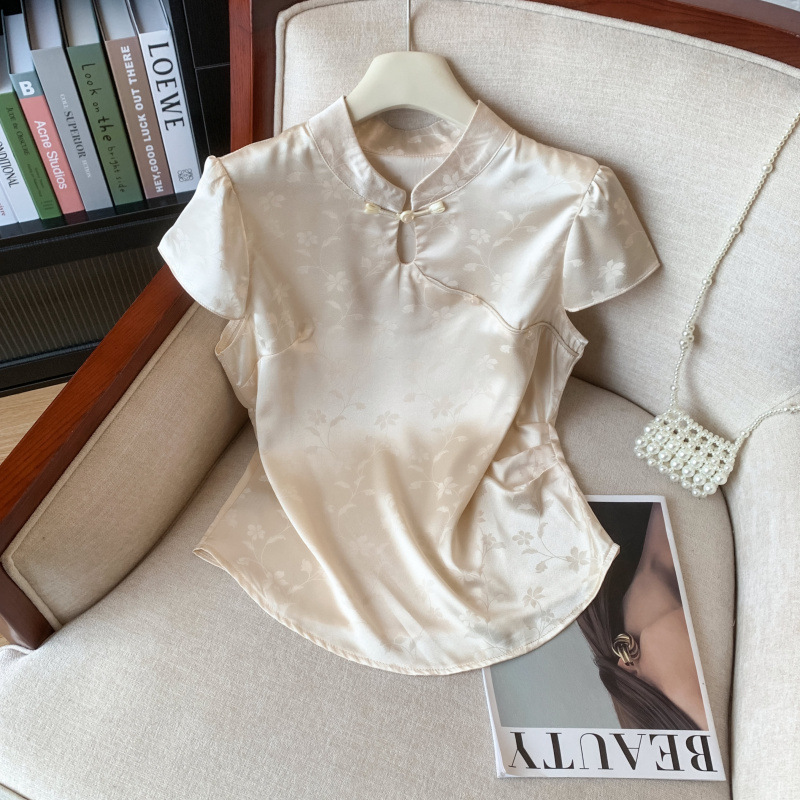 New Chinese-Style National Style Silk Waist-Cinching Qipao Shirt, Elegant Women's Top, 2026 New Model, Summer Wear New Chinese-Style National Style Silk Waist-Cinching Qipao Shirt, Elegant Women's Top, 2026 New Model, Summer Wear