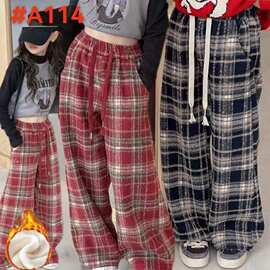 女童加绒保暖格子运动休闲裤2025年新款中大童秋冬外穿阔腿长裤子