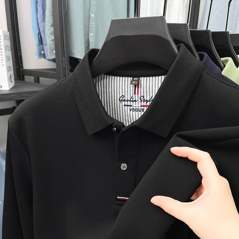Áo polo nam dài tay cổ bẻ 100% cotton đánh bóng, form regular — nâu vàng