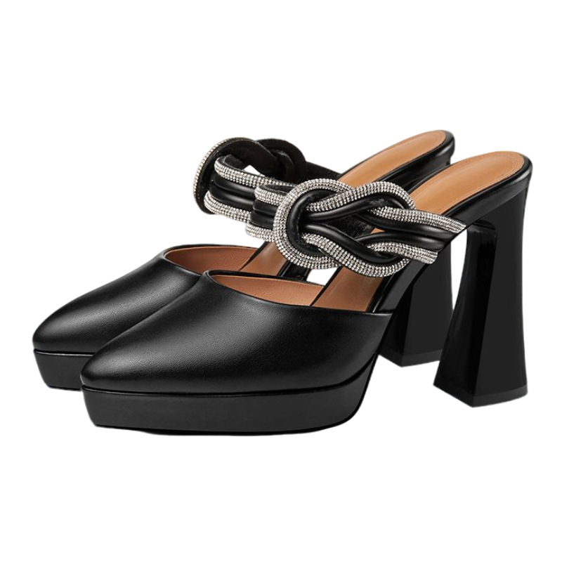 Soft Leather High Closed Toe Mules For Women Platform Chunky Heel_voghion.com