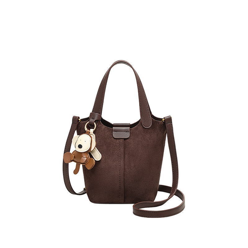Túi bucket nữ rút dây phong cách retro chất liệu da mờ — nâu