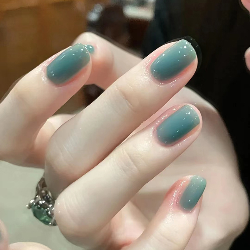 Mid-length Smog Green White European Square Girl Nail Art Fresh Summer Natural Fake Nail Wearing Nail Piece