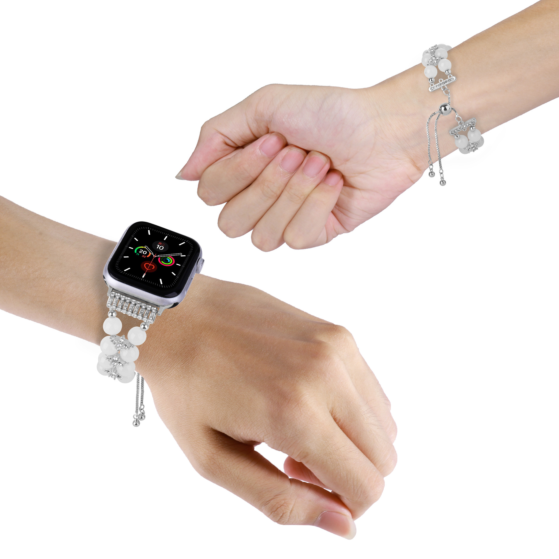 适用苹果Apple watch手表双排珍珠玛瑙镶细钻伸缩链iwatch S8表带-阿里巴巴