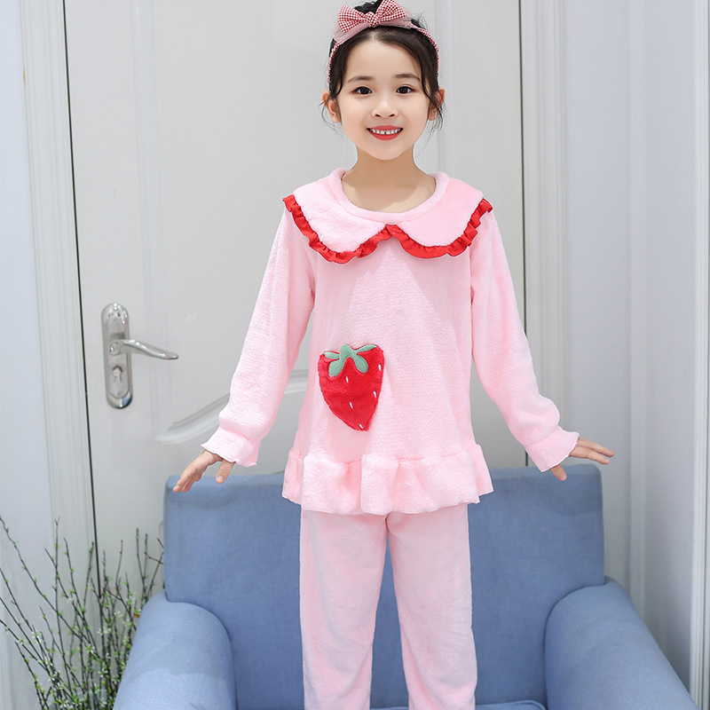 New autumn/winter girls' pajamas, round neck pullover, sweet princess style, thick coral fleece loungewear set