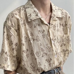 キューバ襟デザイン感小衆ヴィンテージ半袖花シャツ男性カップル古着レトロゆるいビーチシャツ