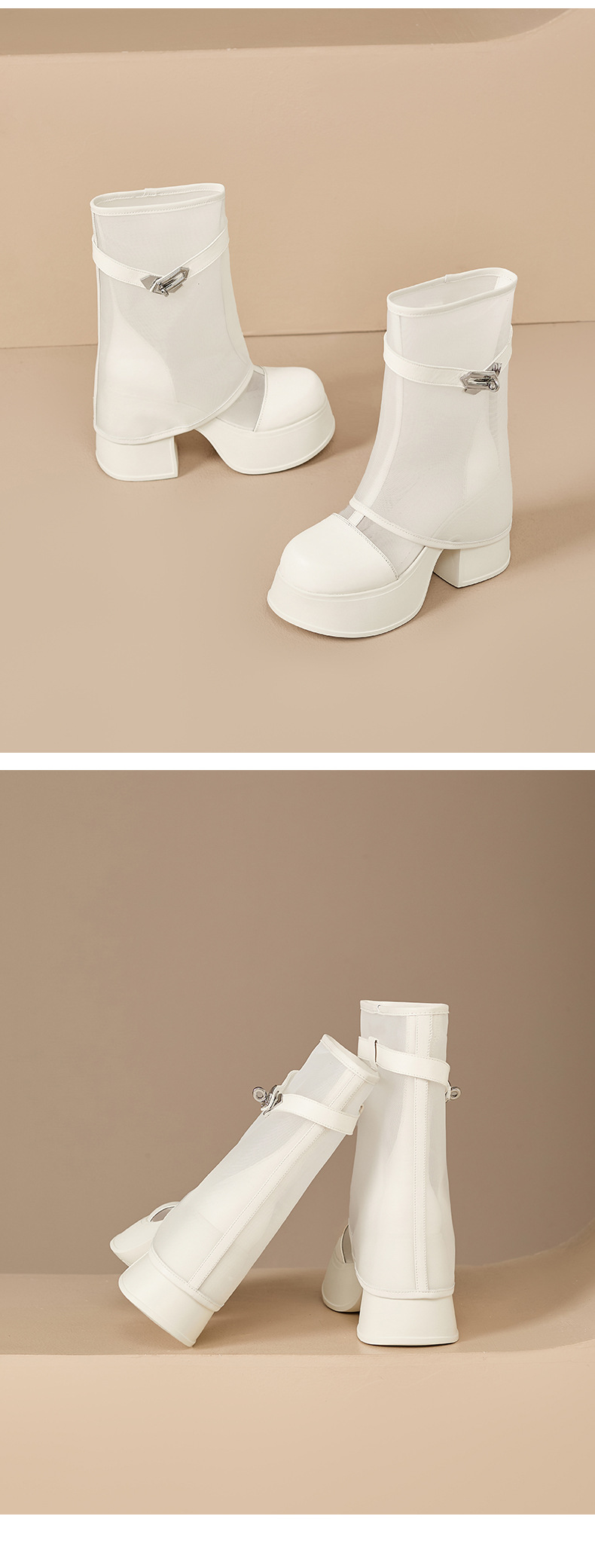 Boot nữ cổ cao ôm bắp chân đế dày 10 cm, lưới thoáng khí, khóa kim loại — màu đen, màu trắng chi tiết 15