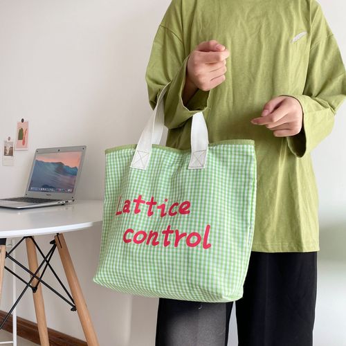 Shihua Buyu/Spring small fresh candy style casual plaid control simple fashion large capacity canvas lunch bag