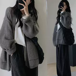 灰色羊毛衫女中长款毛衣外套秋冬宽松慵懒风羊绒毛衣针织开衫外穿