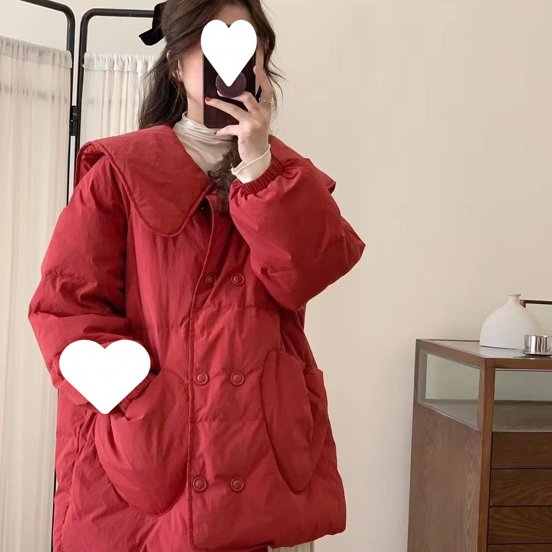 红色羽绒服女韩版小香风甜美娃娃领结婚新娘冬季新款保暖圣诞年款
