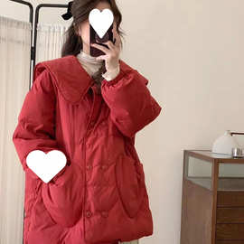 红色羽绒服女韩版小香风甜美娃娃领结婚新娘冬季新款保暖圣诞年款