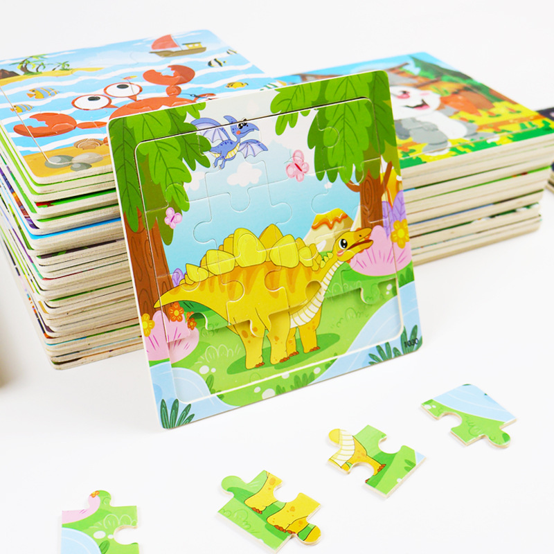 16 piezas de puzzle de madera para niños animales dinosaurios dibujos animados puzzle plano de madera para bebés de educación temprana juguetes de inteligencia image 3