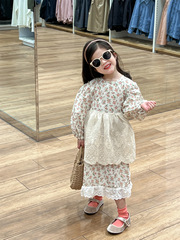 2024女童春裝田園風蕾絲花邊碎花長款連衣裙+蕾絲公主圍兜分開拍