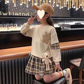 女童连衣裙秋冬儿童春秋卫衣套装裙子公主女孩洋气格子百褶裙衣服