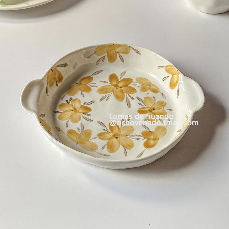 INS復古風鈴花盤子不規則雙耳早餐盤甜品點心蛋糕盤菜盤飯盤家用