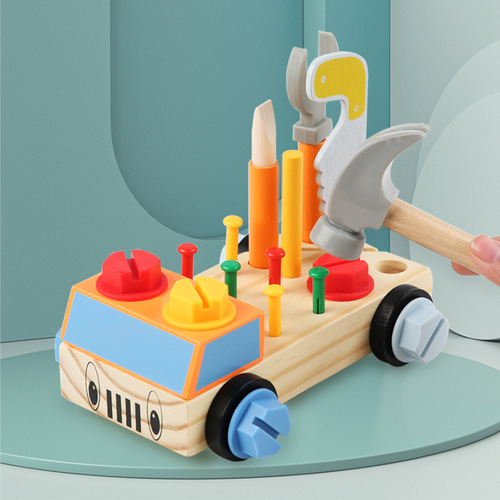 Cross-border hot-selling infant and toddler combination toys, simulation repair disassembly matching wooden screw nut building block car 