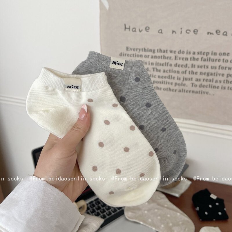 Mekki Zhuji Socks Women's Cotton Sweat-Absorbent Breathable Polka Dot Cloth Label Socks Skin Friendly Plaid Commuting Casual Elasticity