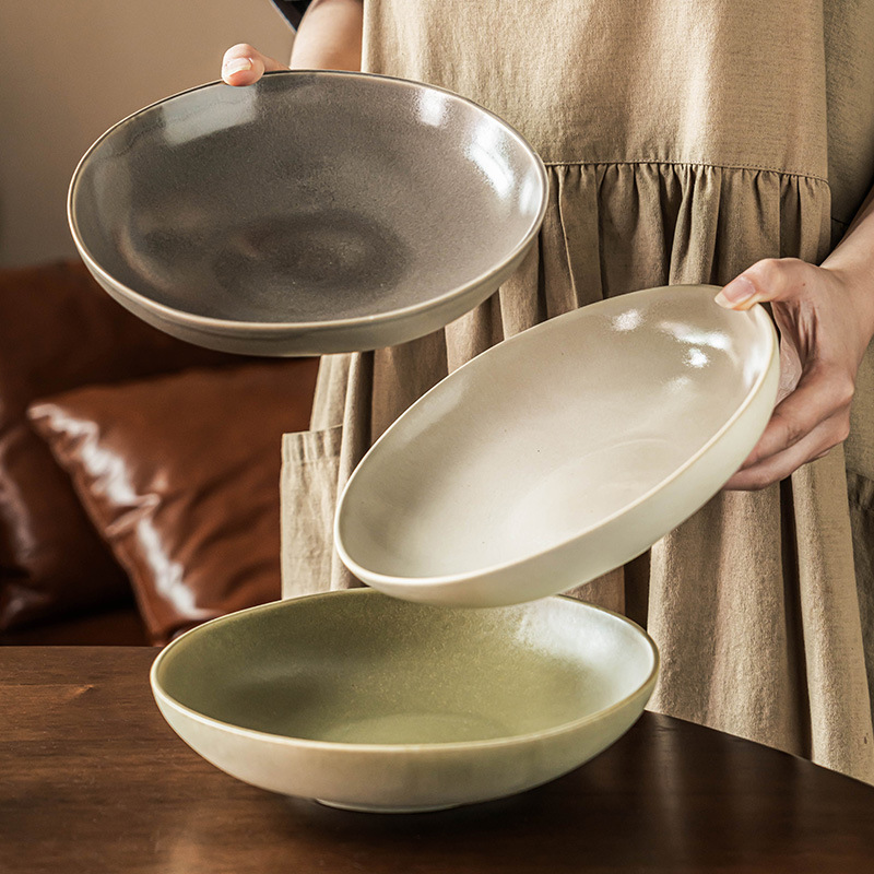 Open Large Bowl Retro Style Ceramic Bowl Household Dish Bowl Breakfast...
