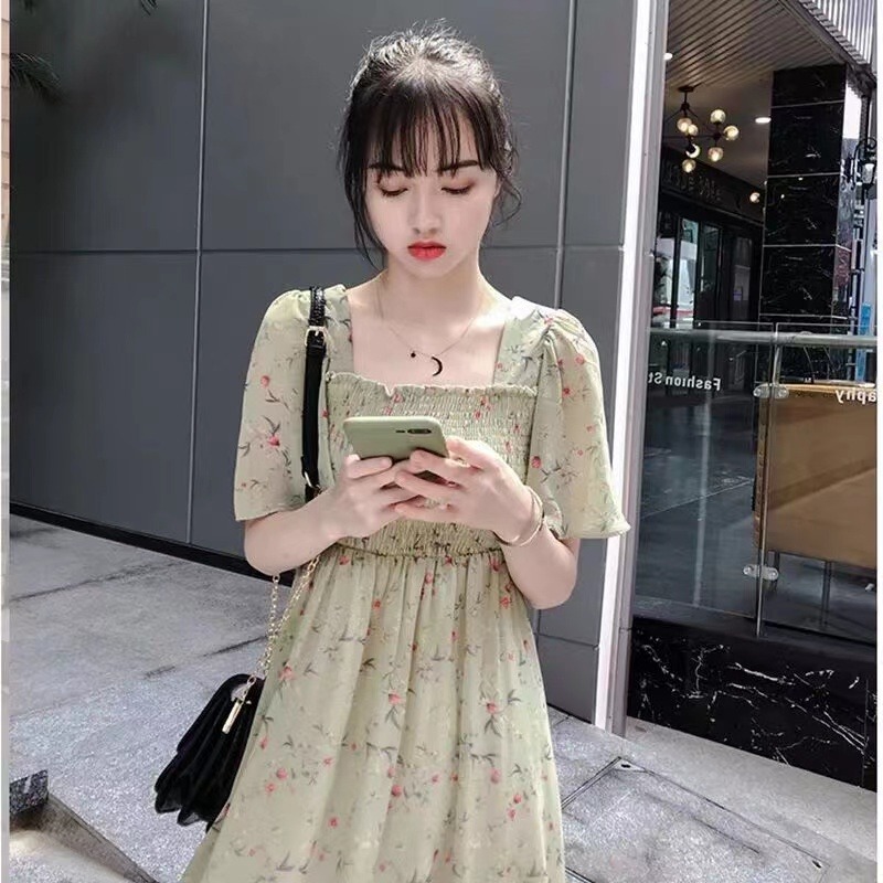 亚马逊2022春夏季新款雪纺碎花连衣裙女大码遮肚过膝收腰显瘦长裙