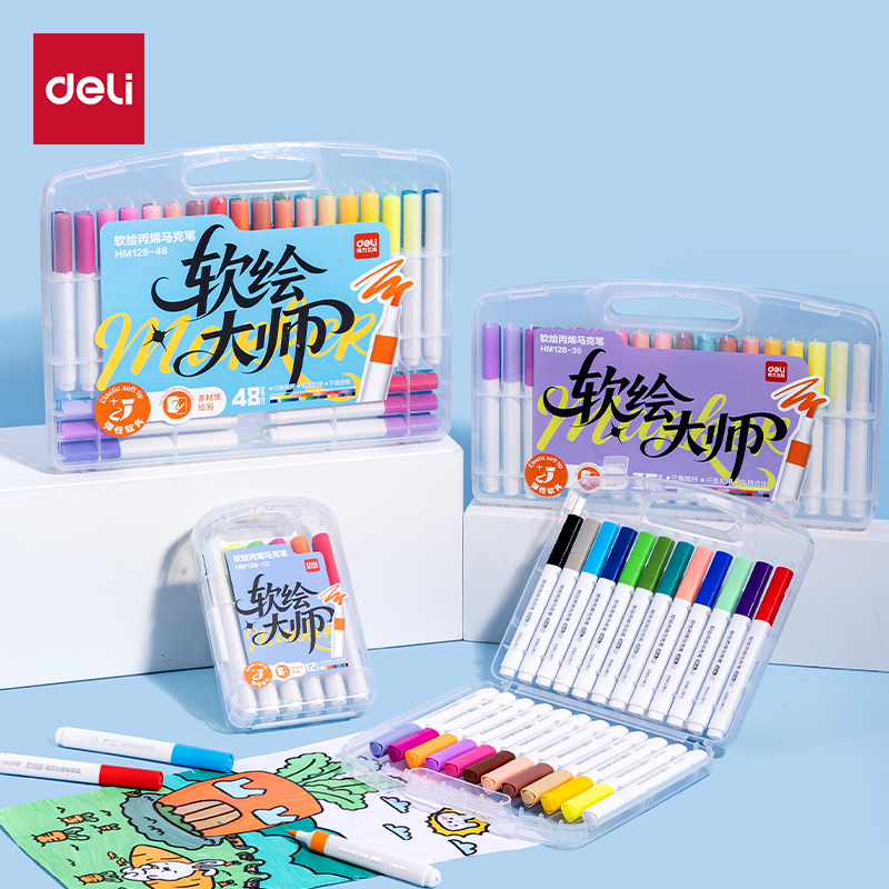 Deli Hm128 Soft Tip Acrylic Marker Triangle Watercolor Pen Art Painting for Children and Students, Soft Drawing, Can Blend Colors