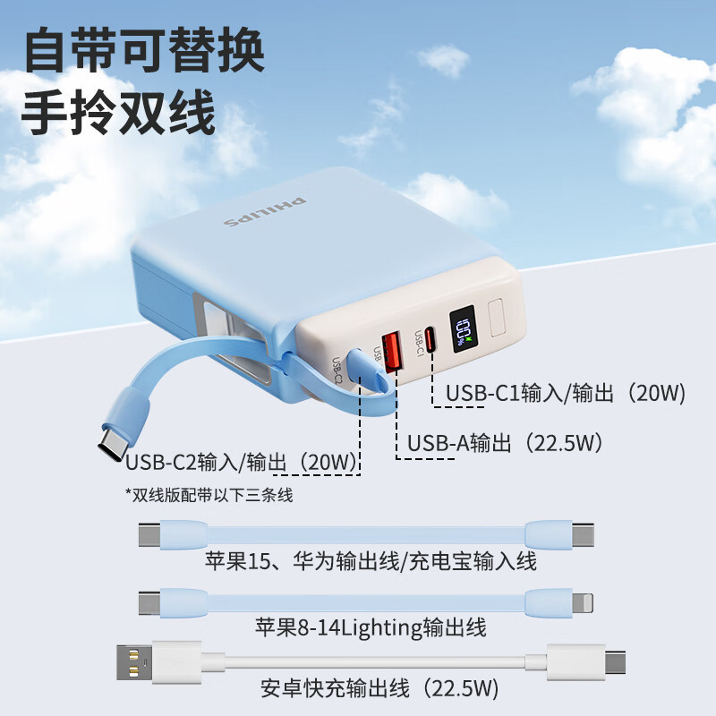 フィリップス自帯線充電宝22.5W超速充20000ミリアンペア時大容量携帯小型|undefined